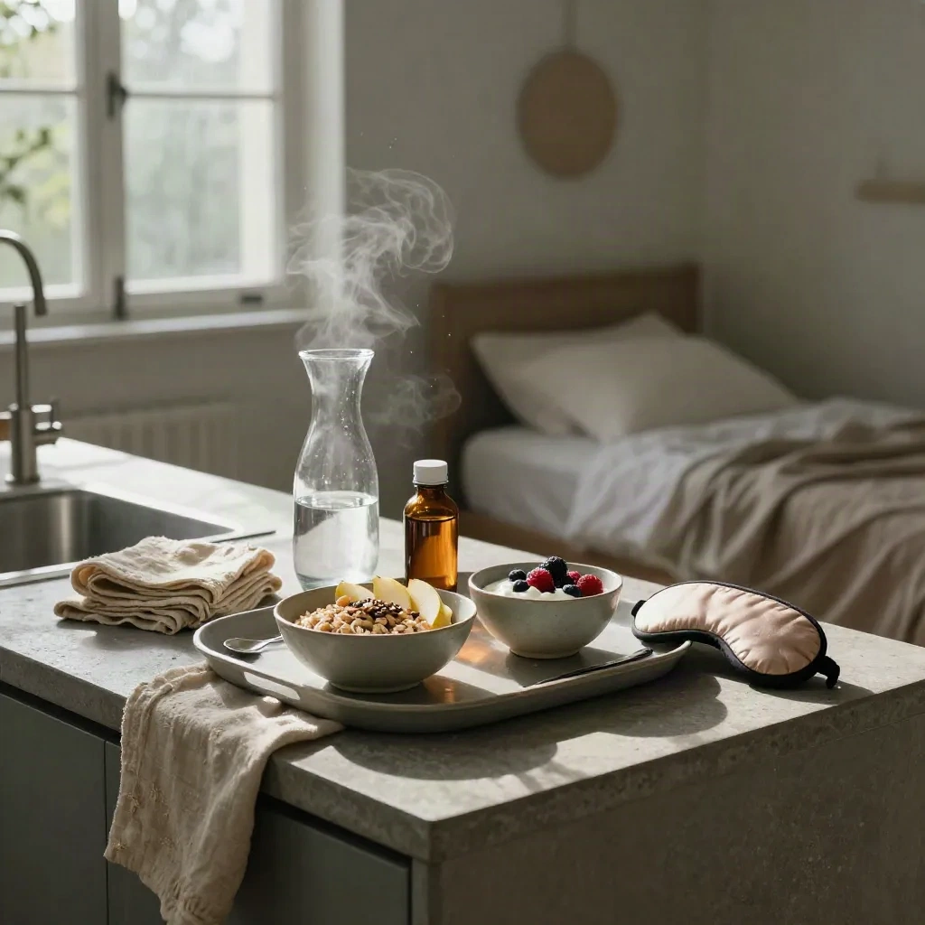 Rainy morning wellness tray with oats, carafe, supplements, linen, and sleep mask in a stone room