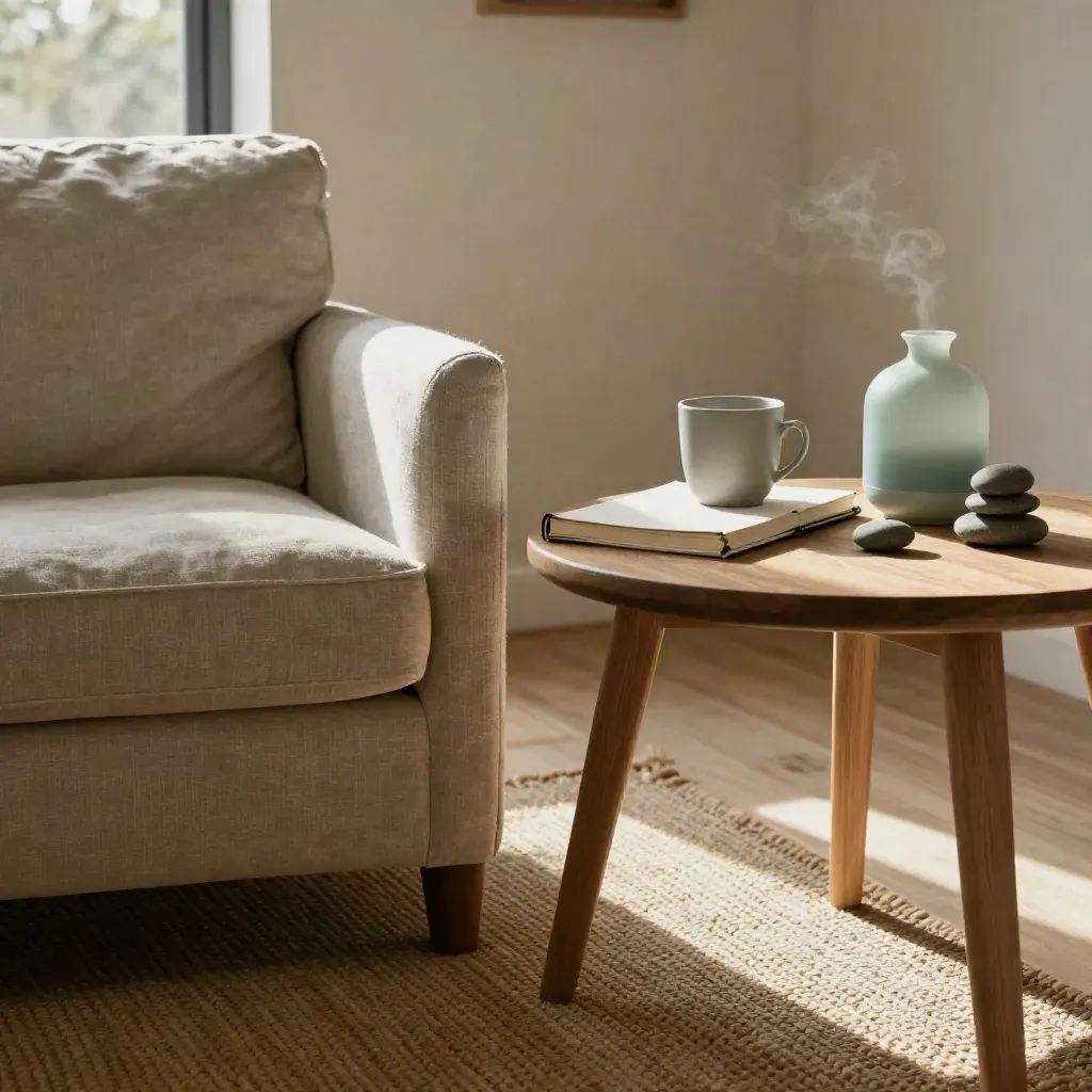 Cozy coaching nook with armchair, notebook, mug, stones, and diffuser in warm daylight.