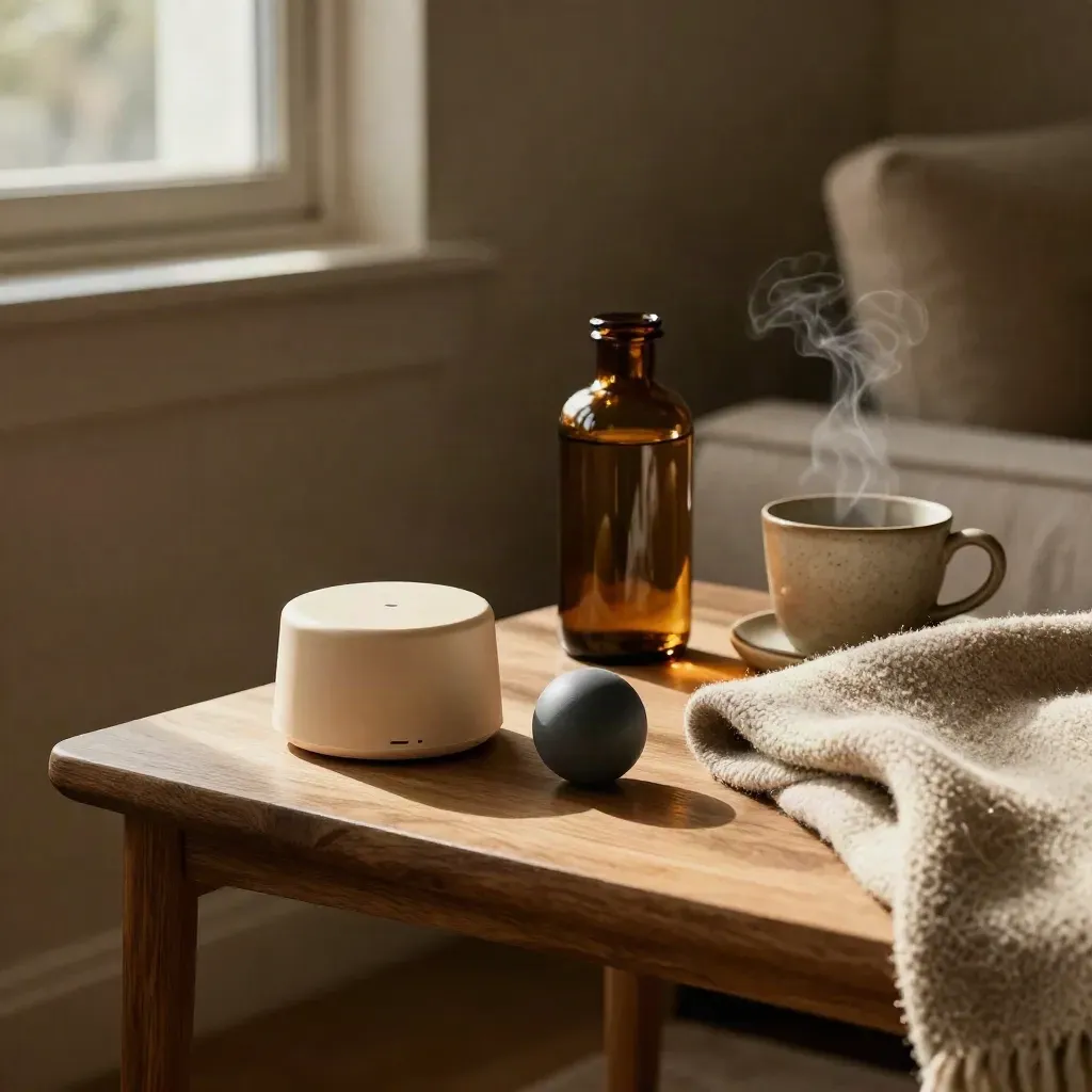 Stress-management tools on a cozy side table with steam, timer, amber bottle, and wool throw.