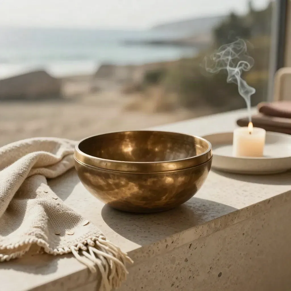 Brass singing bowl, candle, shawl and stone tray in a calm guided-meditation nook.