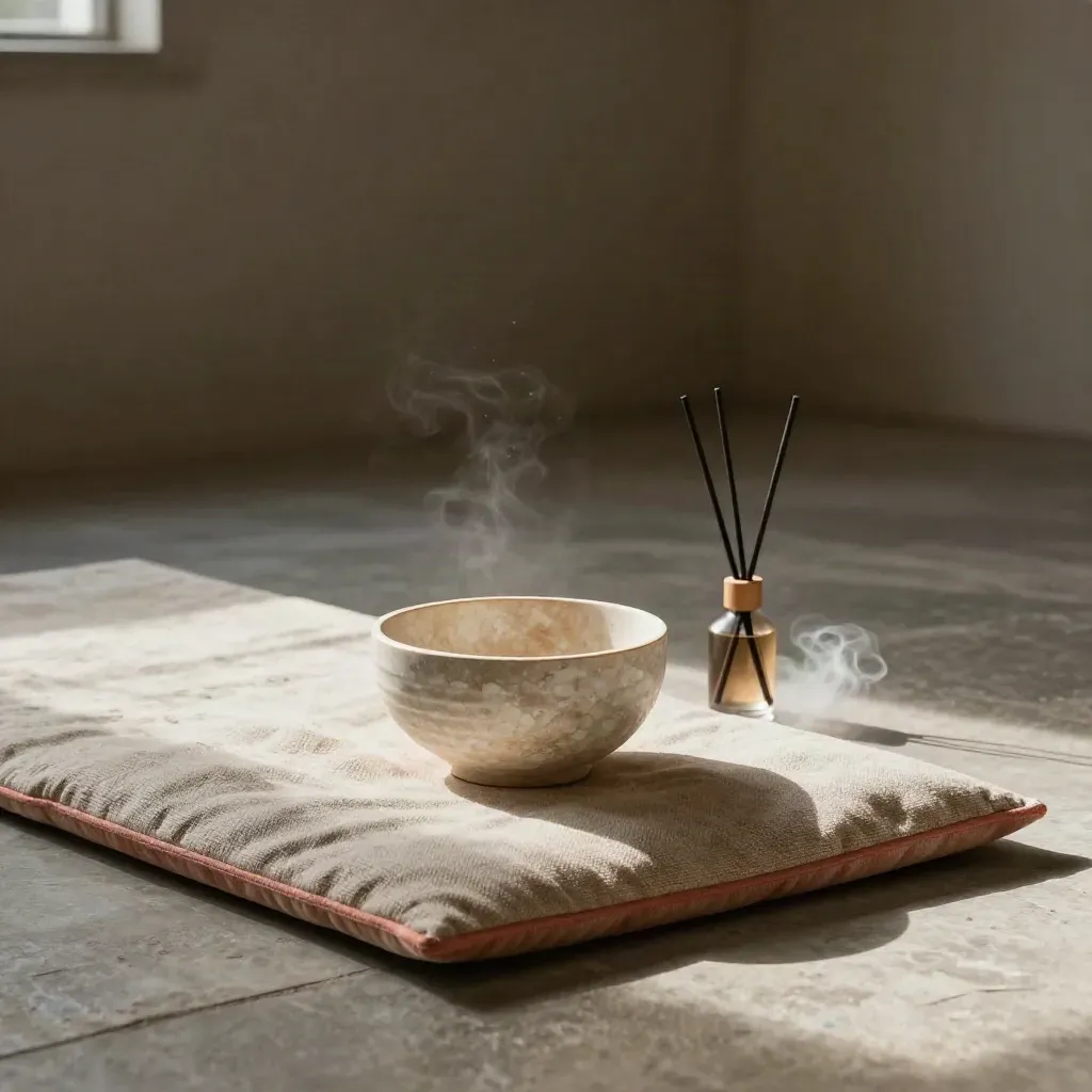 Floor-level breathwork scene with cushion, ceramic bowl, reed diffuser, and soft mist.