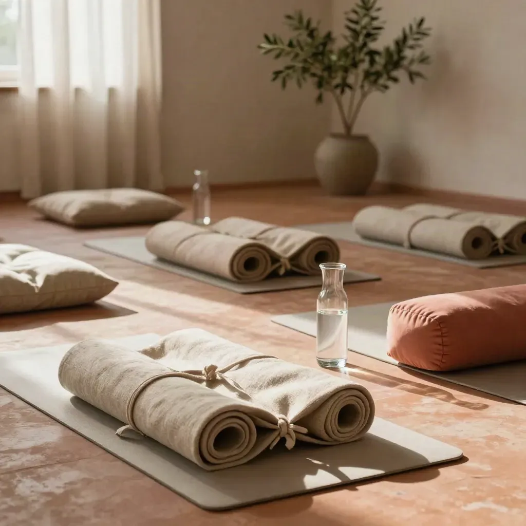Rolled mats, cushions, carafe and olive branch in a warm studio before a wellness workshop.