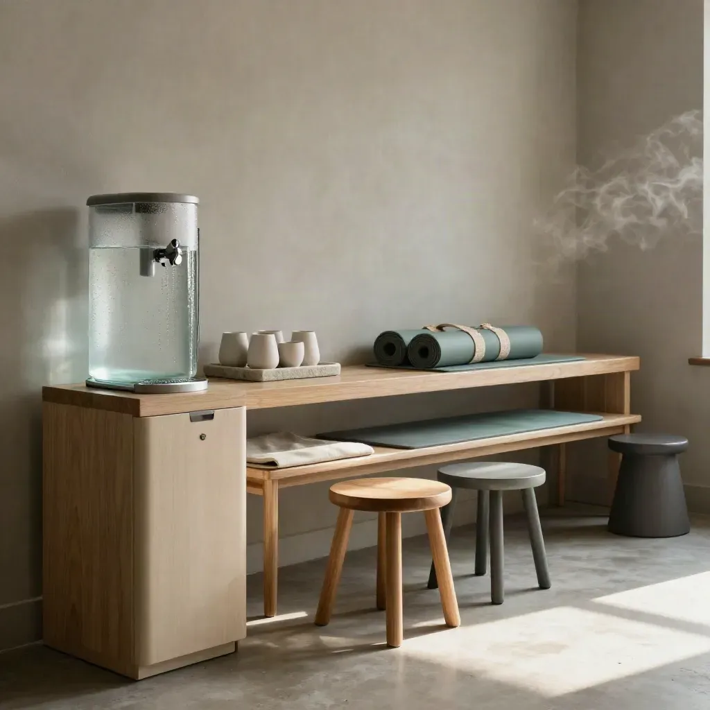 Empty wellness break area with water station, rolled mats, bench and stools in soft morning light
