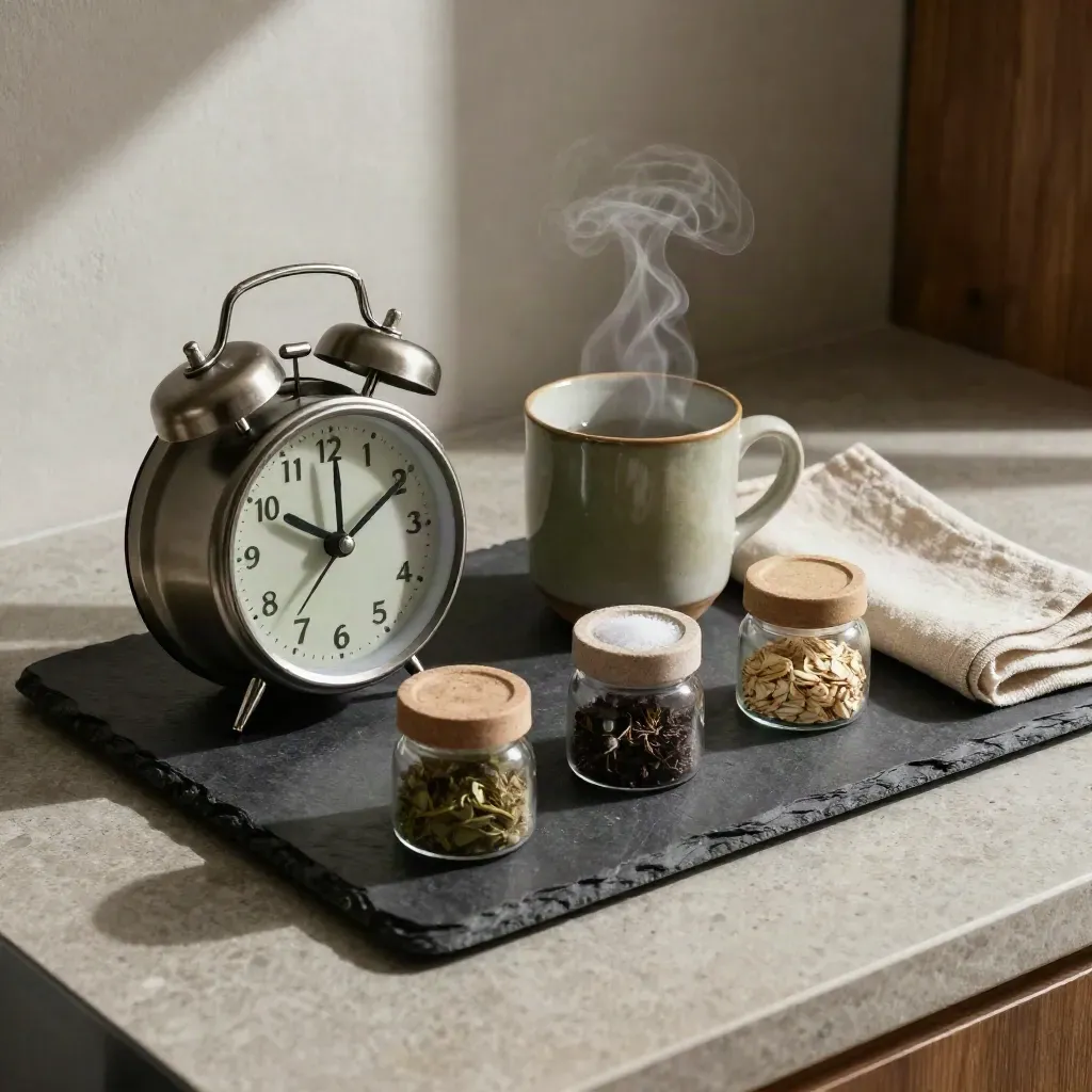Top-down wellness tray with clock, steaming mug, linen, and three day-part vessels on stone.