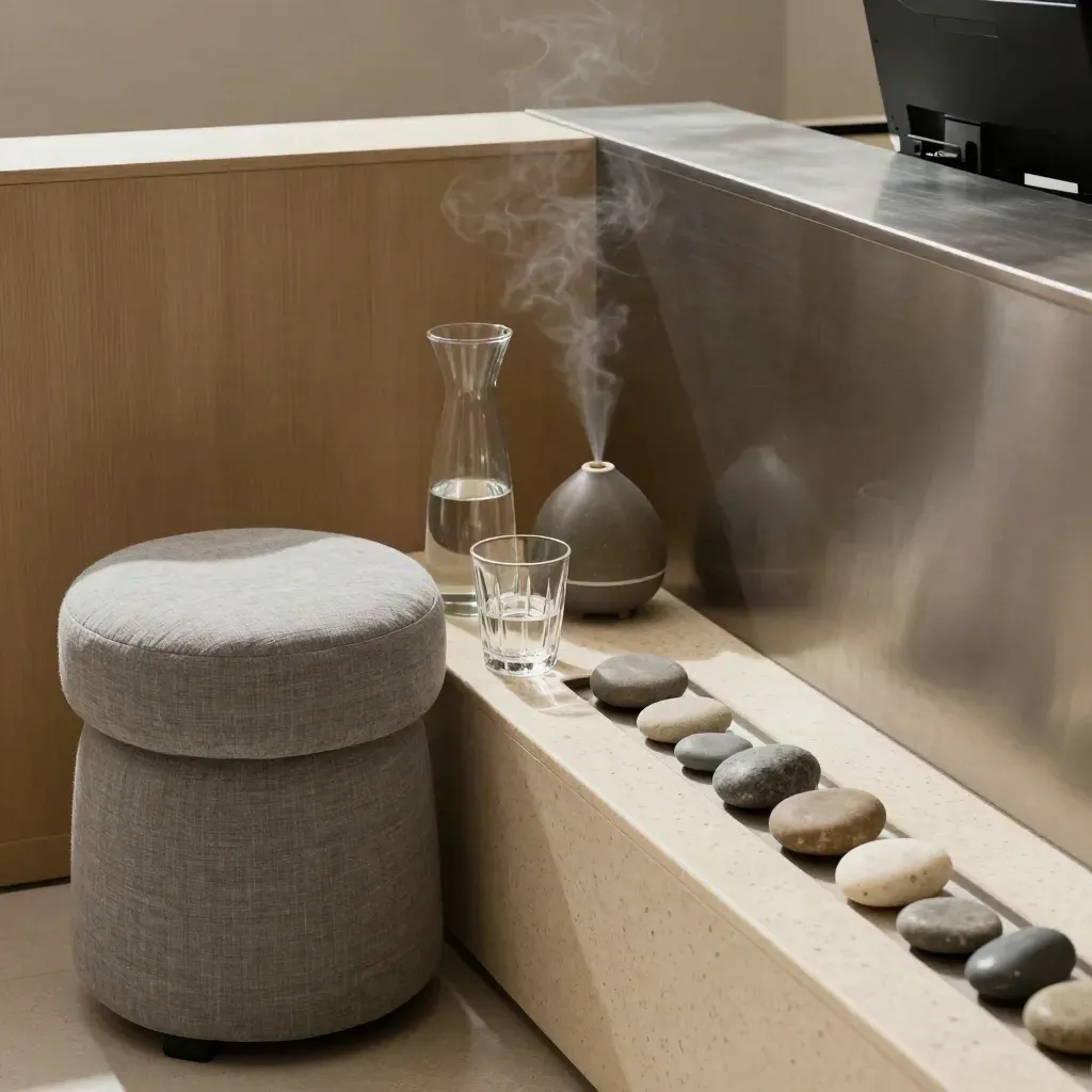 Clinic reception corner with stool, water carafe, stones and a misting diffuser in soft daylight.