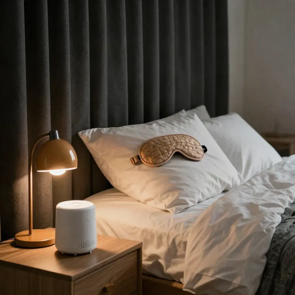 Amber lamp, eye mask, blackout curtains, and white-noise unit in a calm bedroom corner.