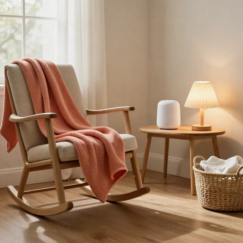 Warm nursery corner with rocking chair, swaddle blanket, lamp glow, and sound machine.