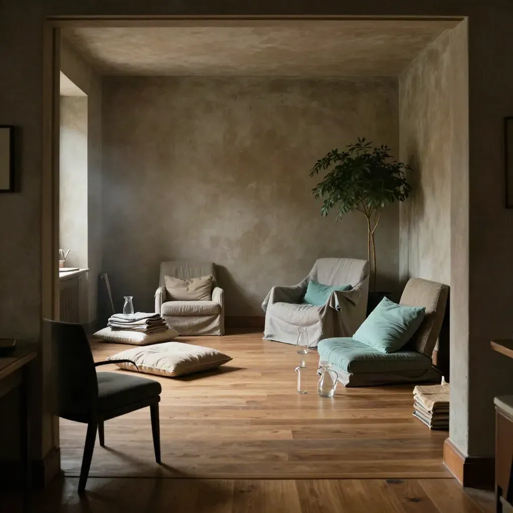 Empty wellness workshop room with crescent seating, pitchers, cushions, and a potted plant