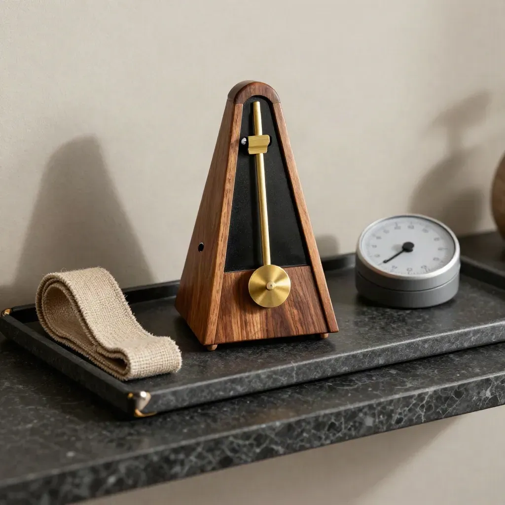 Metronome, breathwork timer, and linen strap on a charcoal tray in dramatic studio light.