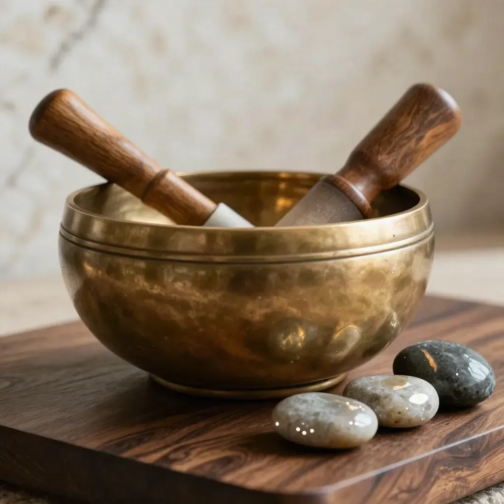 Brass singing bowl, striker, and polished river stones on dark wood in soft meditation light