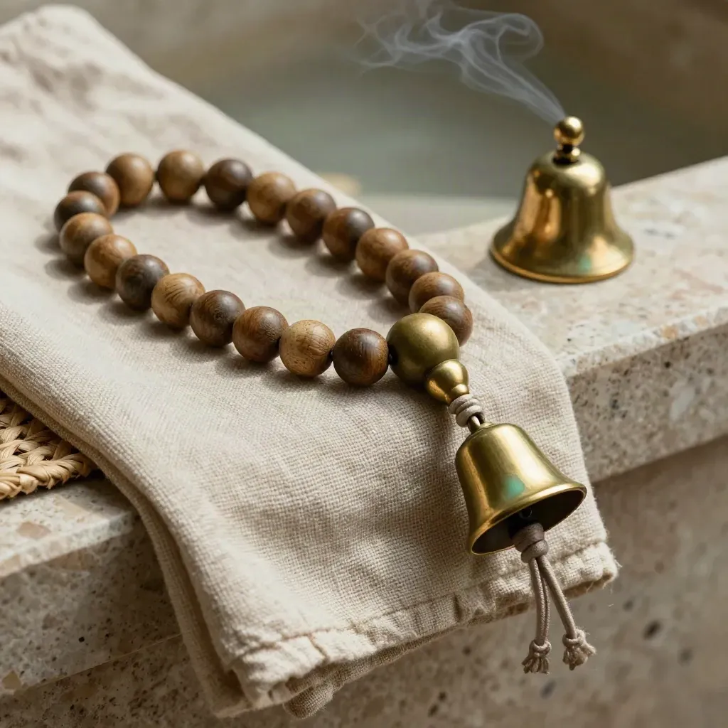 Mala beads, a brass bell, and folded linen on a hazy meditation ledge.