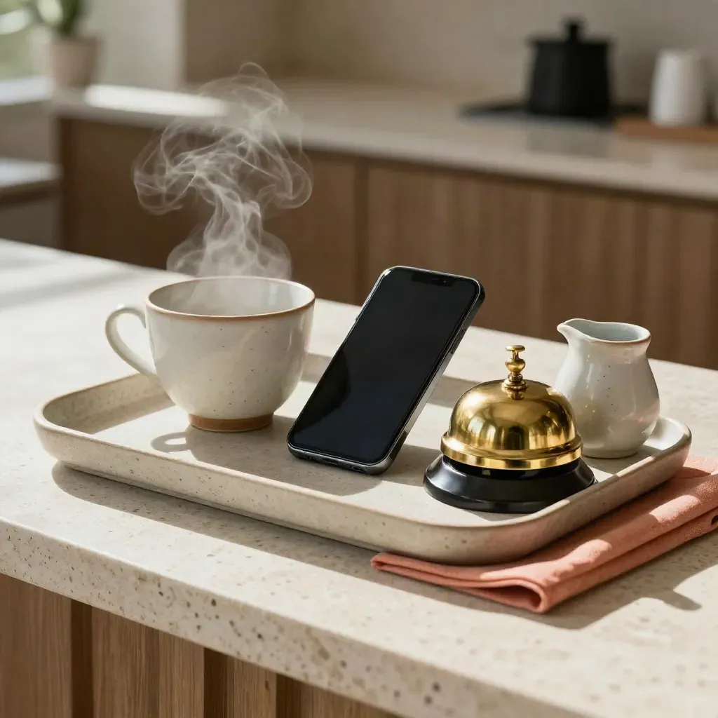 Steam rises from a teacup beside a brass bell and dark phone on pale stone.
