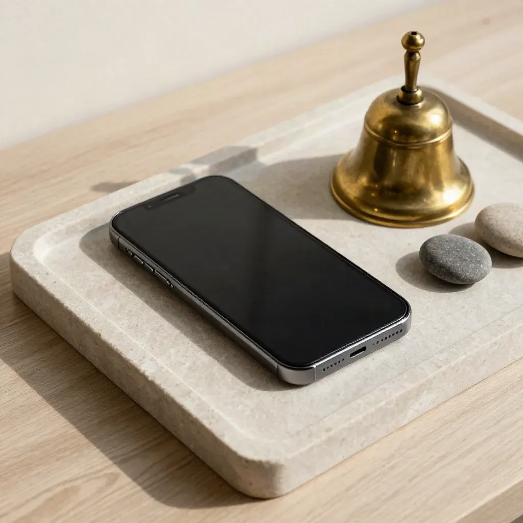 Dark-screen phone, brass bell and sand pebbles on a pale stone tray, waiting to place a call.