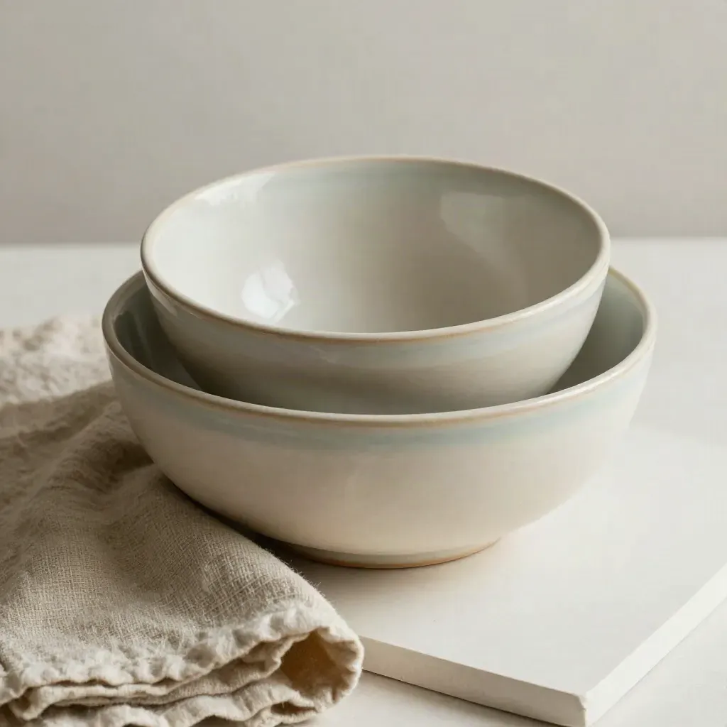Nested ceramic bowls and folded linen on plaster with soft seafoam glaze, calm wellness still life.