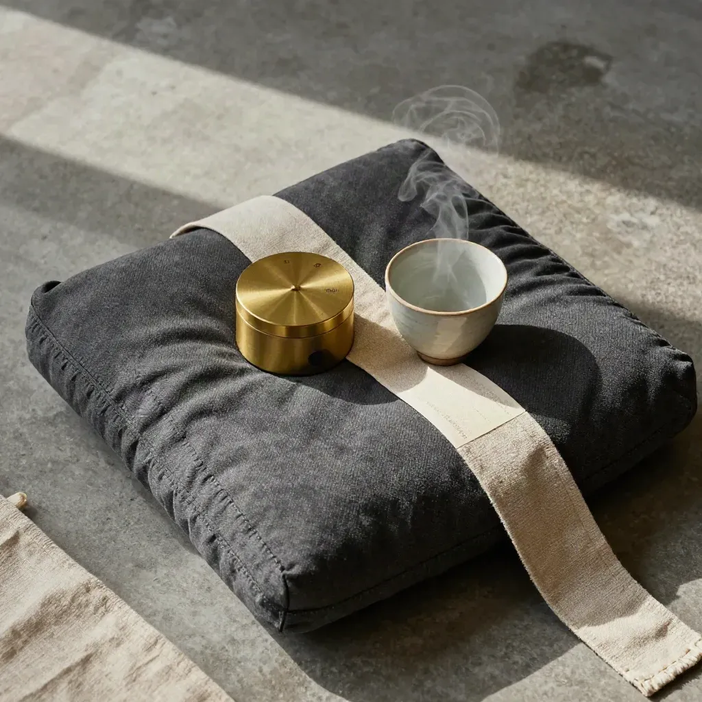 Overhead flatlay of a meditation cushion, brass timer, and steaming ceramic cup on stone