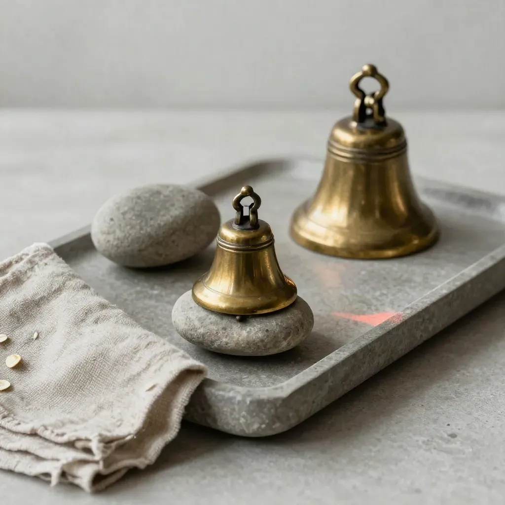 Stone tray with balanced stones, brass bell, and folded linen in soft daylight