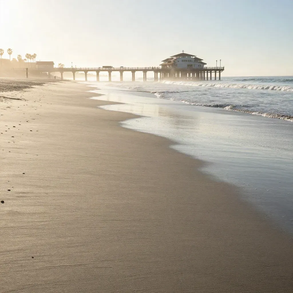 Santa Monica Pier silhouette over calm sunrise beach and soft surf