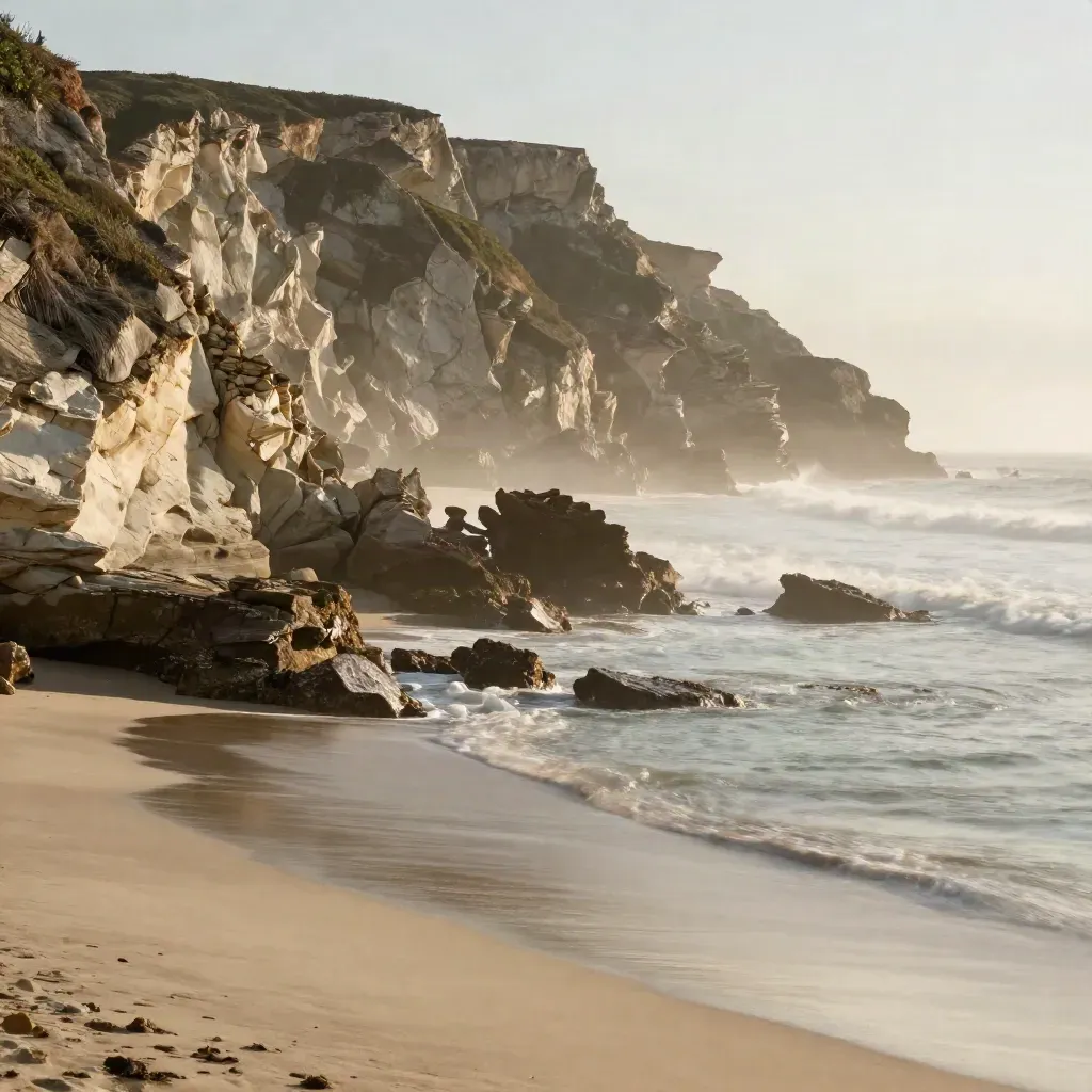 Laguna Beach cove and bluff in warm haze with calm open water below.