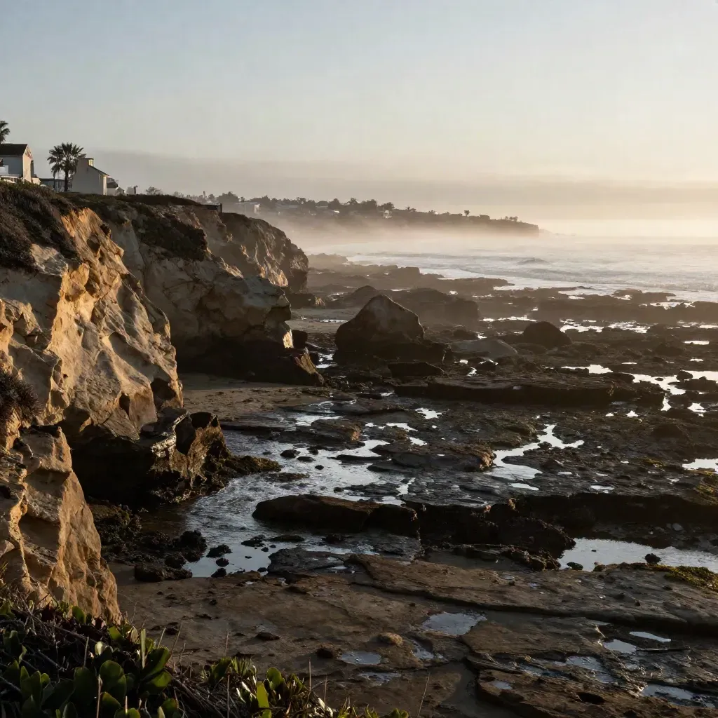 San Diego North sandstone cliffs above tide pools and foggy shoreline at blue hour