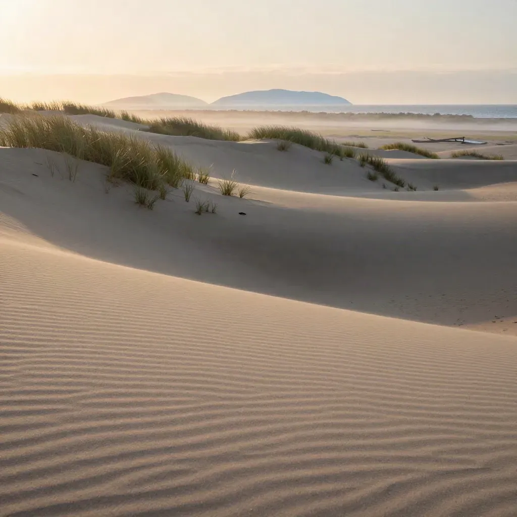 Ventura dunes, marsh edge and distant islands glowing in warm sunset haze